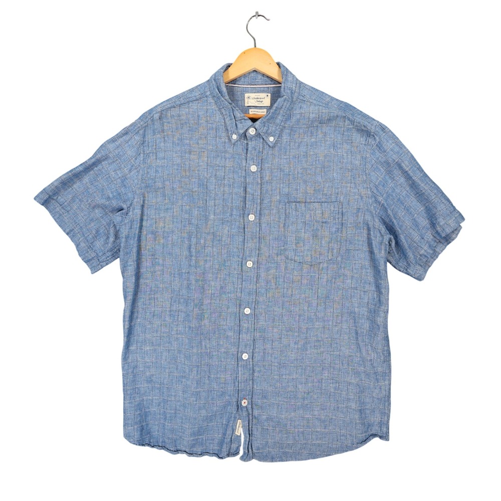 Weatherproof Vintage Shirt Mens XL Blue Excellent Washable Linen Short Sleeve